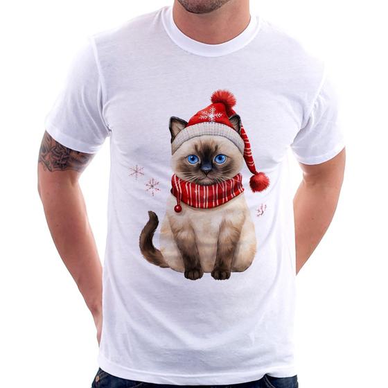 Imagem de Camiseta Gato Natalino Gorro e Cachecol - Foca na Moda