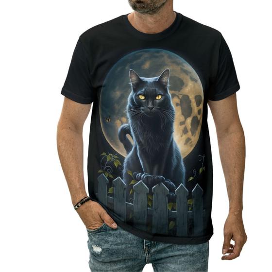 Imagem de Camiseta Gato Preto Em Noite De Lua Cheia Animal Desenho