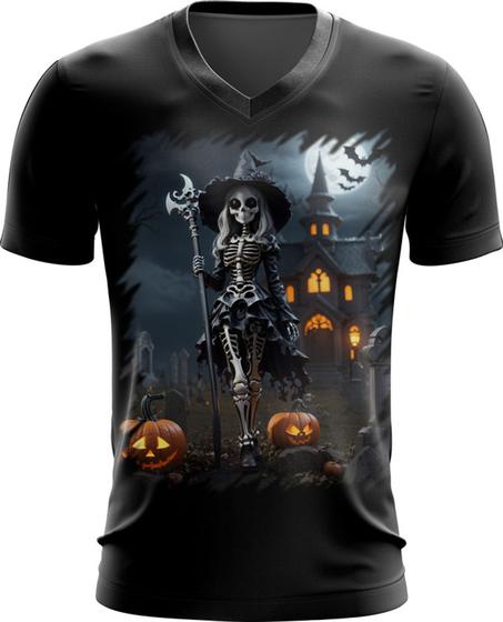 Imagem de Camiseta Gola V Bruxa Caveira Halloween 10