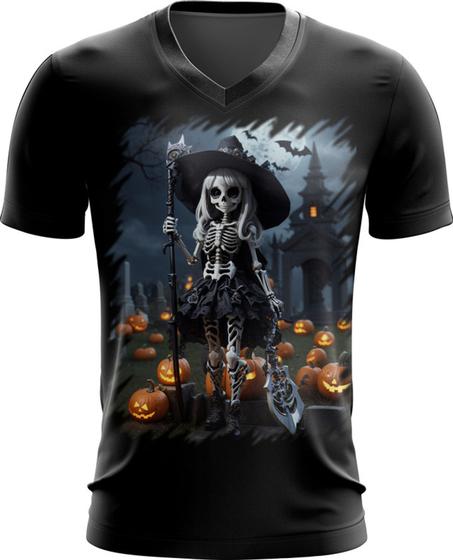 Imagem de Camiseta Gola V Bruxa Caveira Halloween 15