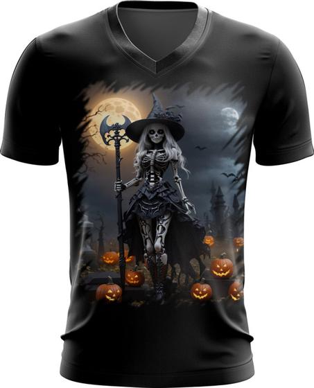 Imagem de Camiseta Gola V Bruxa Caveira Halloween 4