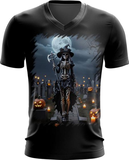 Imagem de Camiseta Gola V Bruxa Caveira Halloween 5