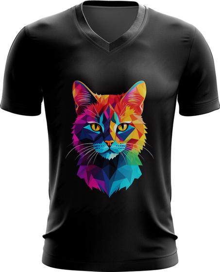 Imagem de Camiseta Gola V de Gatinho Colorido Neon Vetor 1