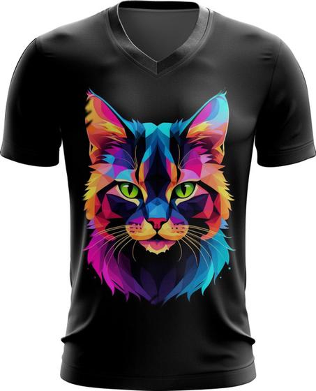 Imagem de Camiseta Gola V de Gatinho Colorido Neon Vetor 9