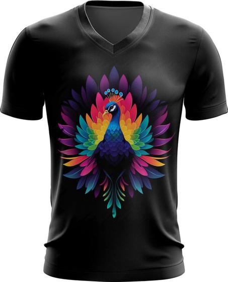 Imagem de Camiseta Gola V de Pavão Colorido Neon Vetor 1