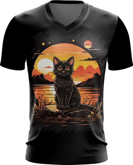 Imagem de Camiseta Gola V Gatinho no Pôrdo Sol Sunset 16