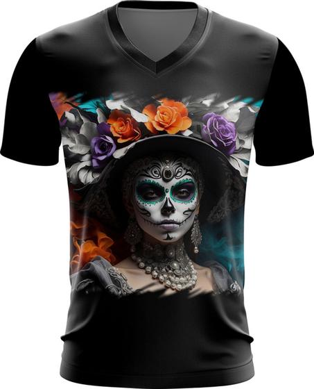 Imagem de Camiseta Gola V La Catrina Mexicana Dama Esqueleto 11