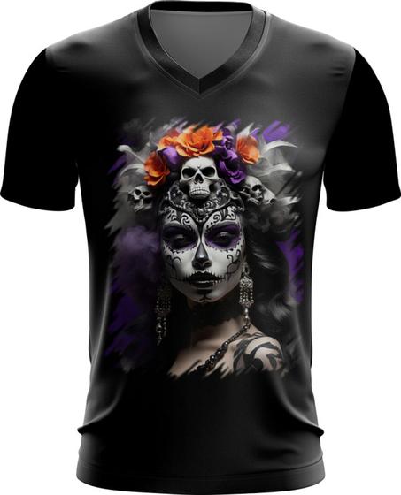 Imagem de Camiseta Gola V La Catrina Mexicana Dama Esqueleto 4