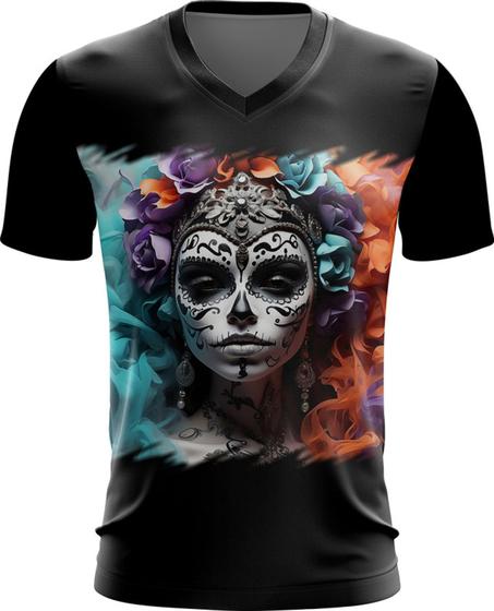 Imagem de Camiseta Gola V La Catrina Mexicana Dama Esqueleto 8