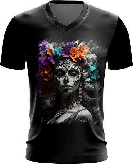 Imagem de Camiseta Gola V La Catrina Mexicana Dama Esqueleto 9