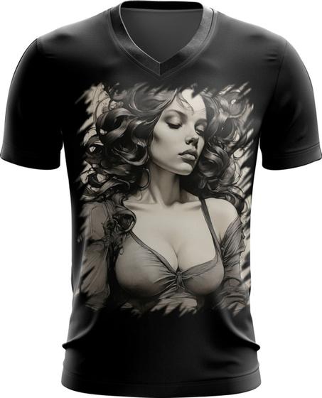 Imagem de Camiseta Gola V Pintura a Carvão Mulher Arte Esfumaçada 8