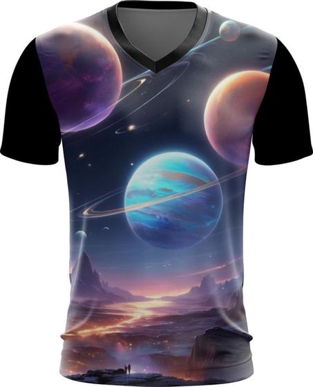 Imagem de Camiseta Gola V Planetas Universo Neon Estrelas Galaxias 1