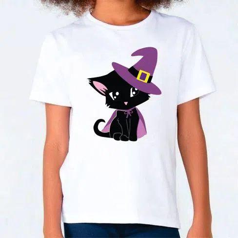 Imagem de Camiseta infantil branca estampa gato bruxinha de halloween