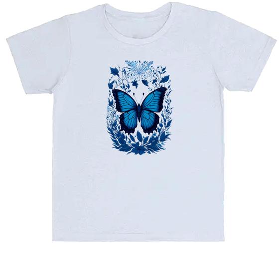Imagem de Camiseta Infantil Divertida Borboleta azul com flores e folhas
