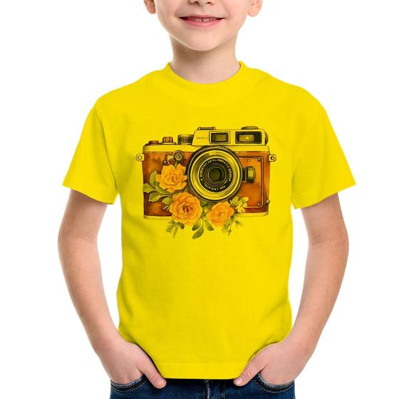 Imagem de Camiseta Infantil Máquina Fotográfica Vintage e Flores - Foca na Moda