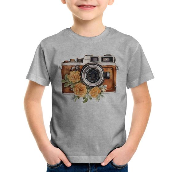 Imagem de Camiseta Infantil Máquina Fotográfica Vintage e Flores - Foca na Moda
