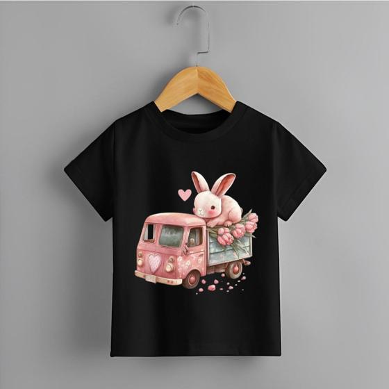 Imagem de Camiseta Infantil Menina Caminhão Rosa Coelhinho Personalizada 100% Algodão Premium