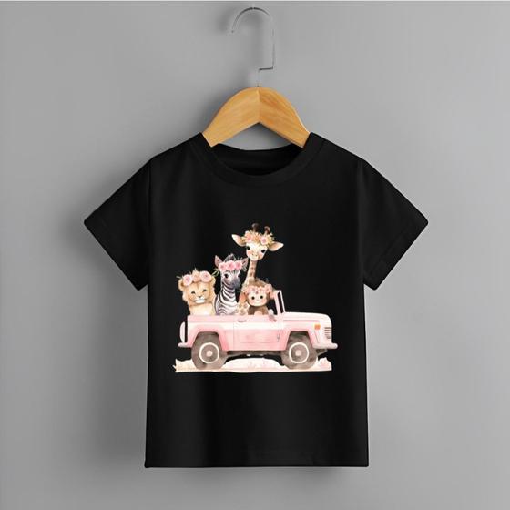 Imagem de Camiseta Infantil Menina Carro Safari Rosa Personalizada 100% Algodão Modinha