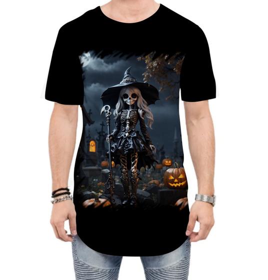 Imagem de Camiseta Longline Bruxa Caveira Halloween 7