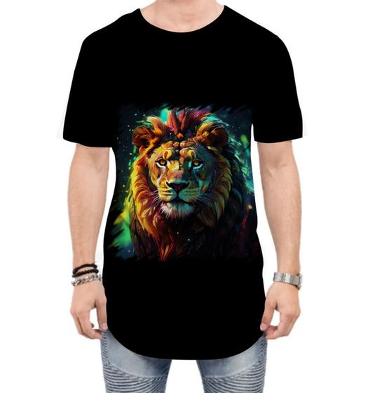 Imagem de Camiseta Longline Leão Ilustrado Cromático Abstrato Rei 4