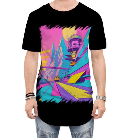 Imagem de Camiseta Longline Vaporwave Paisagem Estilosa Púrpura 7