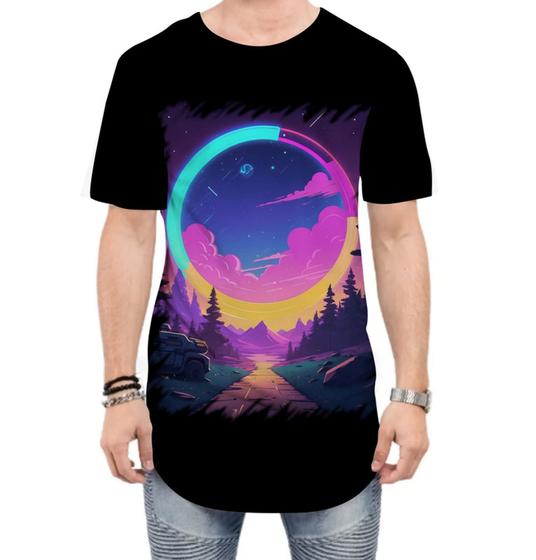 Imagem de Camiseta Longline Vaporwave Paisagem Estilosa Púrpura 8