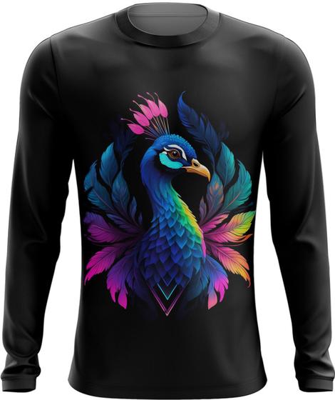 Imagem de Camiseta Manga Longa de Pavão Colorido Neon Vetor 13