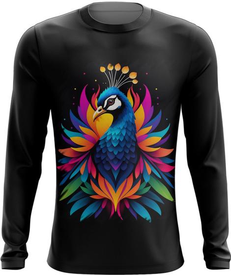 Imagem de Camiseta Manga Longa de Pavão Colorido Neon Vetor 18