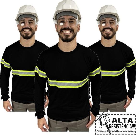 Imagem de Camiseta Manga Longa RESISTENTE com Faixa Refletivo Malha Fria Uniforme Profissional Sinalização Eletricista Construção