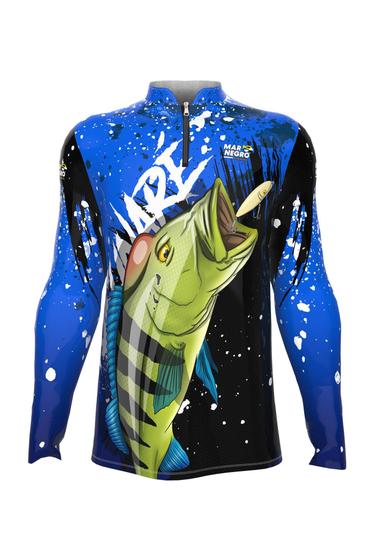 Imagem de Camiseta Mar Negro Peixe Pesca Proteção Solar 50+ Com Luvinha Tucunaré
