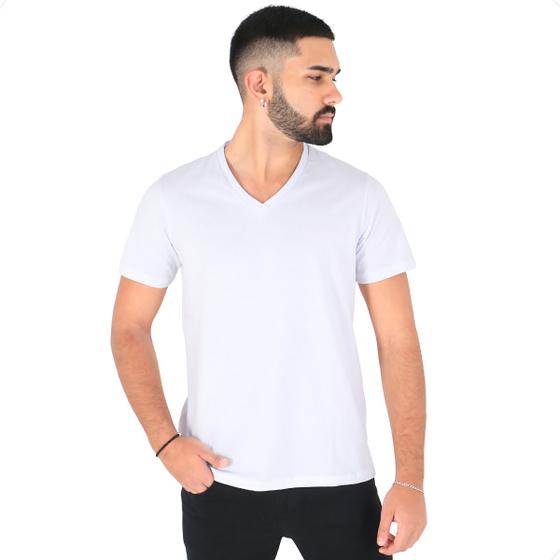 Imagem de Camiseta Masculina Camisa Decote V Algodão Uniforme Básico Manga Curta Conforto Lisa Branco