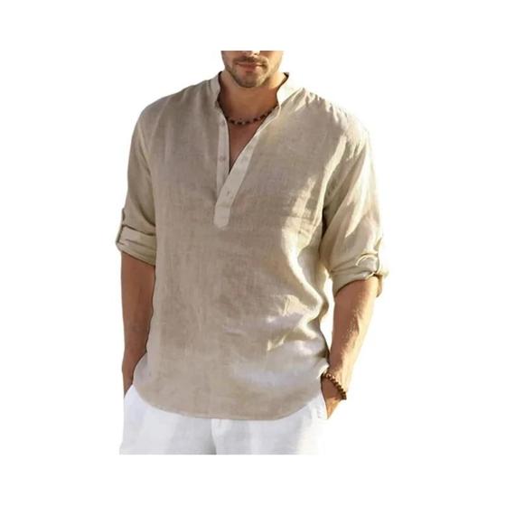 Camiseta Masculina de Manga Comprida em Linho e Algodão - Casual e Solta Menor preço em Camiseta Masculina de Manga Comprida em Linho e Algodão - Casual e Solta