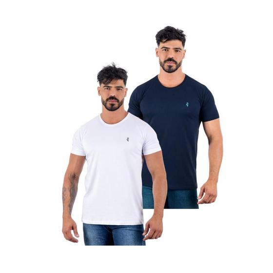 Imagem de Camiseta Masculina em Algodão Kit 2 Pç Azul Marinho e Branco