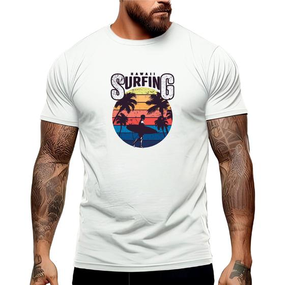 Imagem de Camiseta Masculina Hawaii Surf Verão Manga Curta Gola Redonda Academia Shopping 100% Algodão