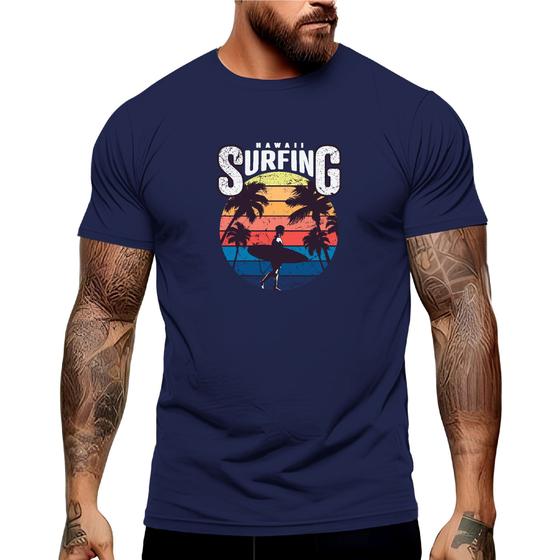 Imagem de Camiseta Masculina Hawaii Surf Verão Manga Curta Gola Redonda Academia Shopping 100% Algodão