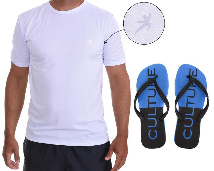 Imagem de Camiseta Masculina Manga Curta Branca Esportiva Academia Kit Chinelo Confortável Estilo Verão Praia