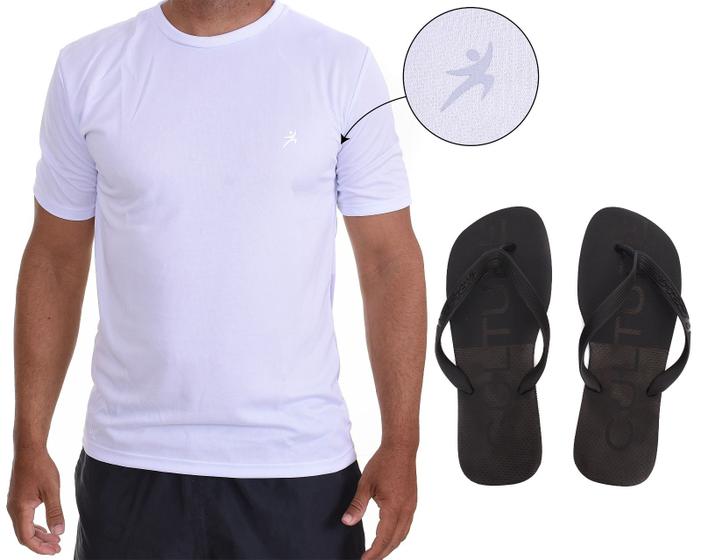 Imagem de Camiseta Masculina Manga Curta Branca Esportiva Academia Kit Chinelo Confortável Estilo Verão