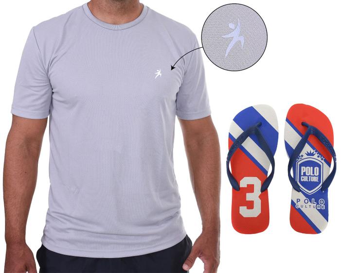 Imagem de Camiseta Masculina Manga Curta Cinza Esportiva Academia Kit Chinelo Confortável Estilo Verão Praia