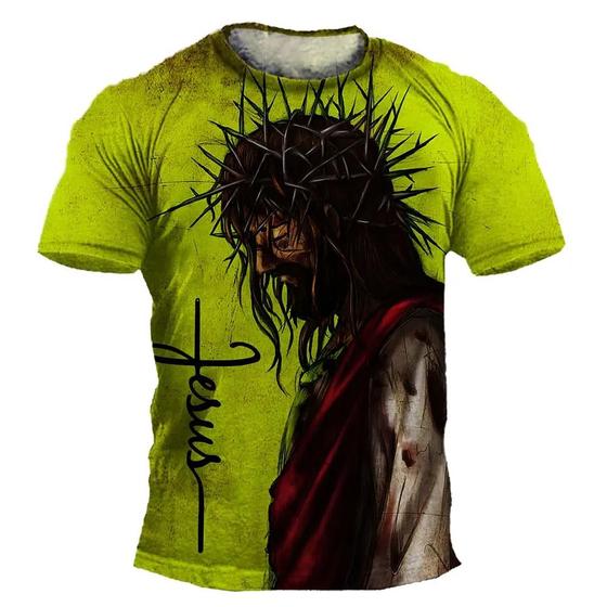 Imagem de Camiseta Masculina Oversized Hip-hop Jesus Cruz Vintage Verão Casual Streetwear