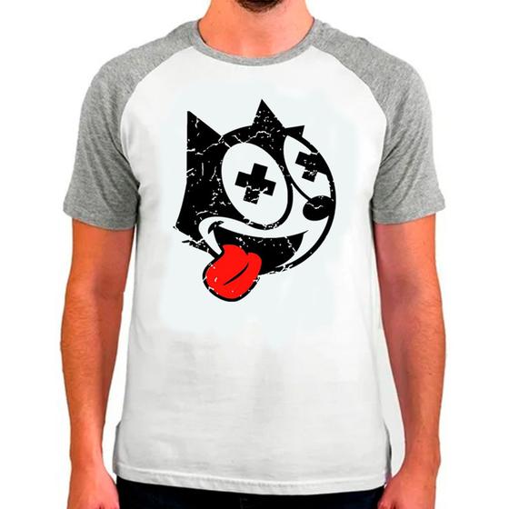 Imagem de Camiseta Masculina Raglan Branca Desenho Gato Félix