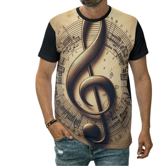 Imagem de Camiseta Música Arte Vintage Nota Musical Partituras Músico