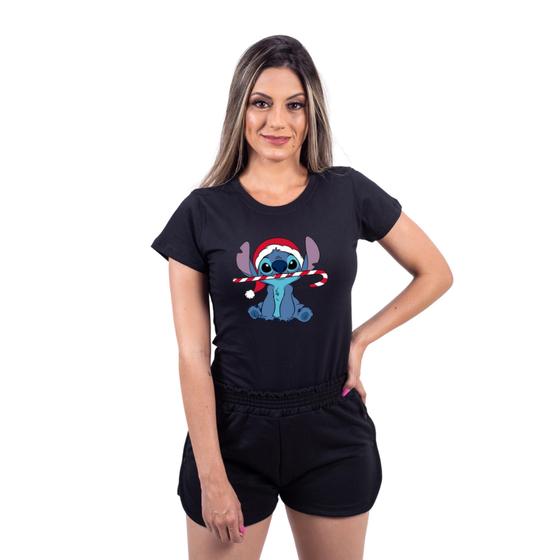 Imagem de Camiseta Natal Feminina Personalizada Stitch com Chapéu de Papai Noel Baby Look