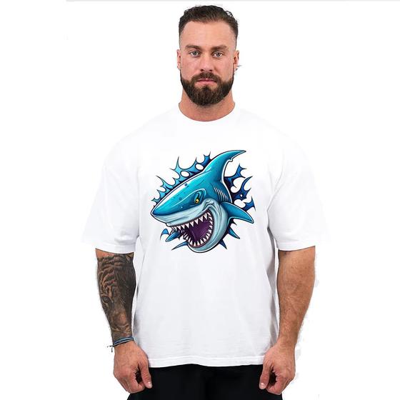 Imagem de Camiseta Oversized Masculina Estampa Personalizada Tubarão Manga Curta Gola Redonda Tendência Casual 