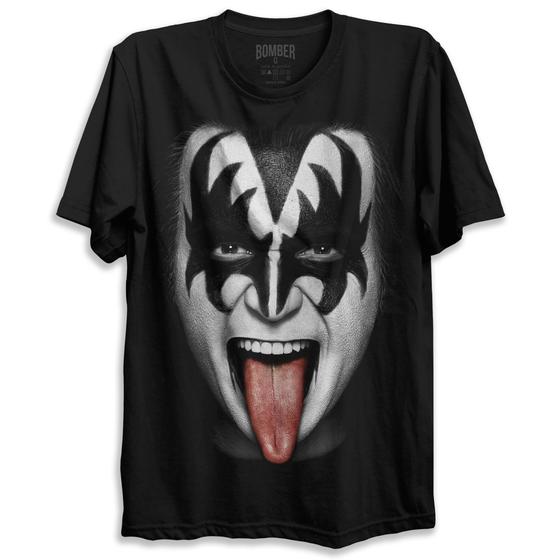 Imagem de Camiseta Preta Banda Kiss  Face Gene Simmons Paul Stanley Bomber Rock.