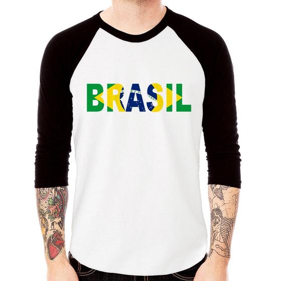 Imagem de Camiseta Raglan Bandeira Brasil Letras Manga 3/4 - Foca na Moda