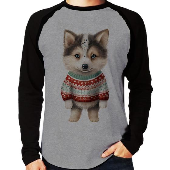 Imagem de Camiseta Raglan Cachorro Husky Siberiano Natalino Manga Longa - Foca na Moda