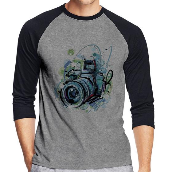 Imagem de Camiseta Raglan Câmera Fotográfica Manga 3/4 - Foca na Moda