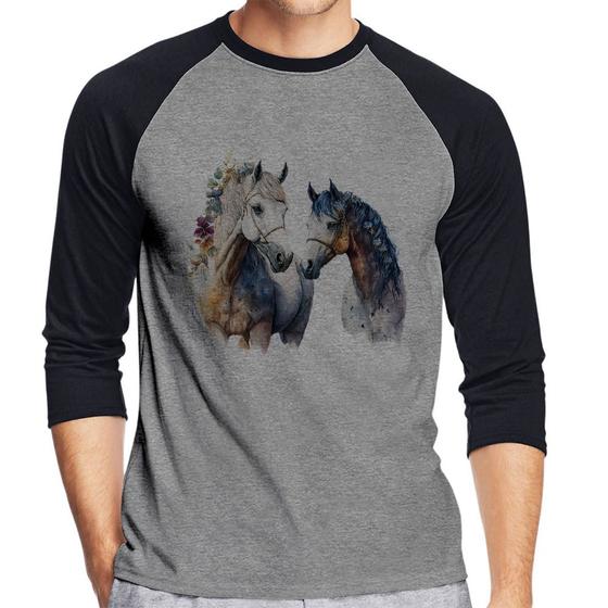 Imagem de Camiseta Raglan Casal de Cavalos Watercolor Manga 3/4 - Foca na Moda