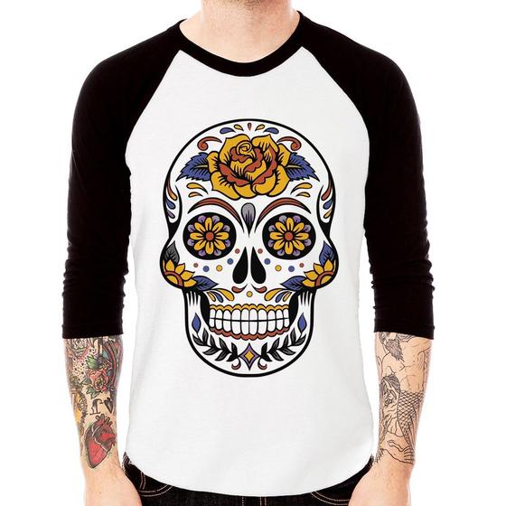 Imagem de Camiseta Raglan Caveira Mexicana Manga 3/4 - Foca na Moda