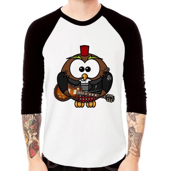 Imagem de Camiseta Raglan Coruja Rock Guitarra Manga 3/4 - Foca na Moda